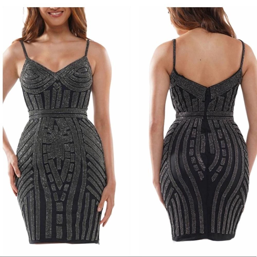 Women's Glow Embellished Rhinestones Sheath Dress Black 14 LBD‎ Sparkle Formal